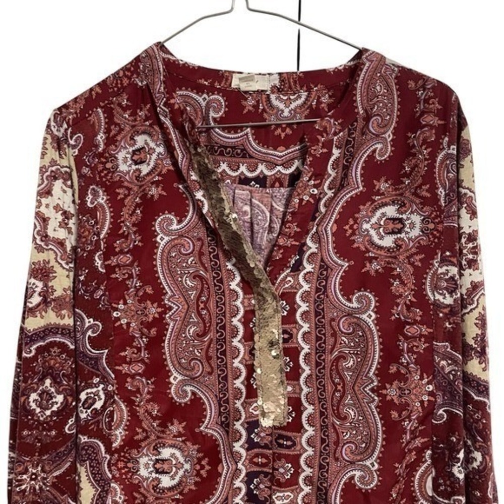 TINY Womens Paisley Sequin Henley Blouse Burgundy Boho Long Sleeve Top Medium - Picture 3 of 8